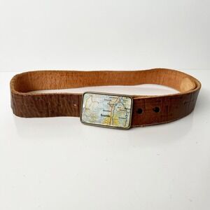 Vintage Brown Tooled Leather Belt‎ Seattle Map Buckle Distressed Western Size 34